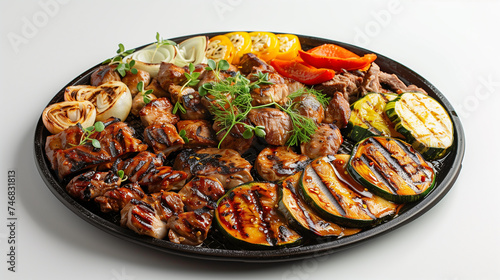Grilled meat with vegetables on a plate isolated on a white background