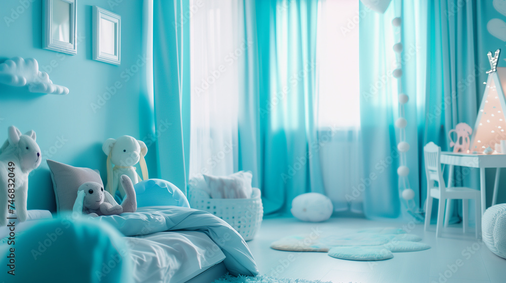 Interior of baby room with blue walls, white bed and soft toys - obrazy, fototapety, plakaty 