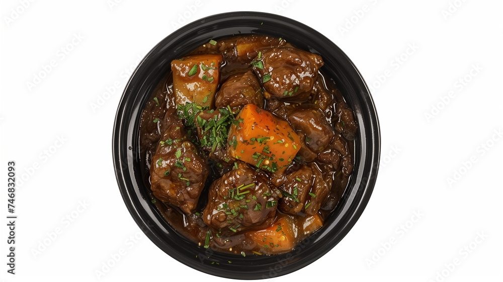 Beef Bourguignon in black bowl isolated on white background Beef Bourguignon in black bowl isolated on white background