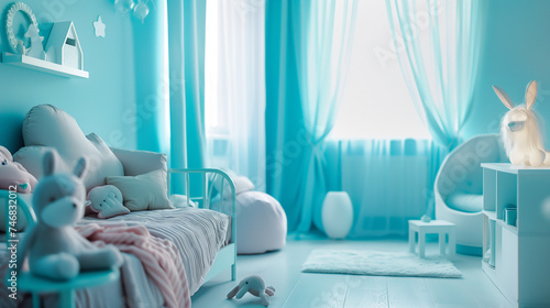 a childrens room interior with a blue bed.