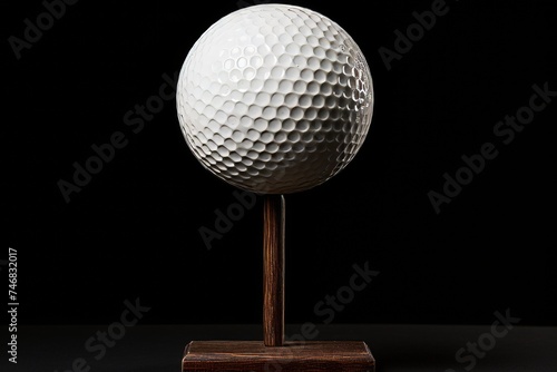 Immaculate White Golf Ball Positioned on Tee Against Bold Black Background, Setting the Stage for a Perfectly Executed and Powerful Shot in a Serene and Professional Environment.