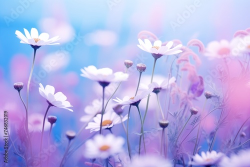 Morning Nature Close-Up, Beautiful Wild Flowers, Chamomile, Purple Peas, Butterfly in Wide Landscape Macro with Cool Blue Tones and Copy Space