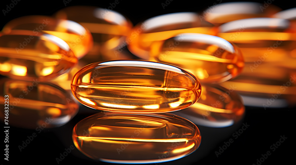 Vitamin E or yellow fish oil or Omega 3-6-9 capsules, ultra close-up macro view Vitamin E or yellow fish oil or Omega 3-6-9 capsules, ultra close-up macro view