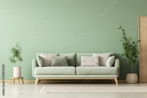 Light Green Sofa, Brown Beige Pillows, Wall Background, Cozy Living Room Decor © panumas