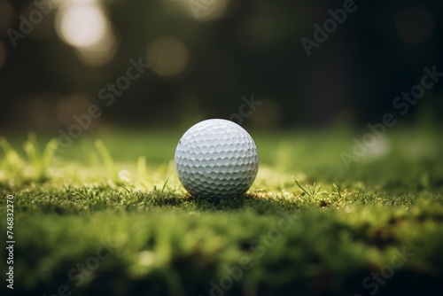 Pristine White Golf Ball on Vibrant Green Grass of a Meticulously Groomed Golf Course, Surrounded by Serene Landscape of Trees, Capturing Tranquility of Leisurely Day on the Course