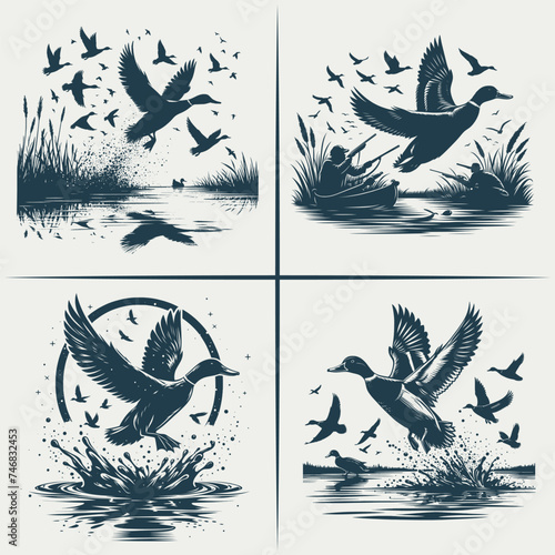 Mallard Duck hunting  vector Bundle file ,Black and white Flying Ducks Silhouette file , Flying Wood Duck Water Landing svg