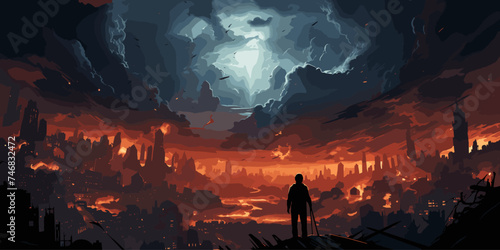 man floating in the sky and destroys the city with evil power, digital art style, illustration painting photo