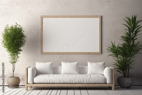 Minimalist Living Space, White Sofa, Stucco Wall, Empty Mock-Up Poster Frame, Contemporary Interior Design