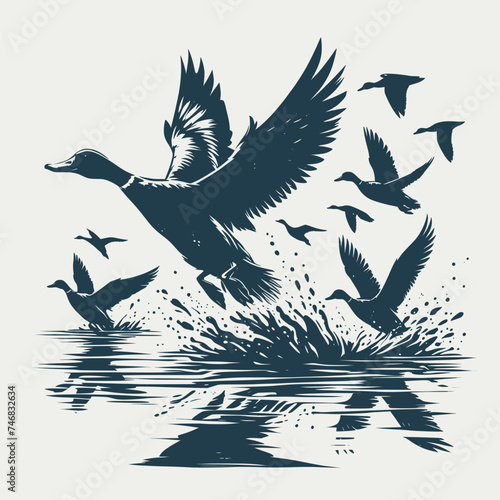 Mallard Duck hunting  vector Bundle file ,Black and white Flying Ducks Silhouette file , Flying Wood Duck Water Landing svg