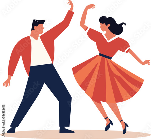 Man and woman in retro clothing dancing energetically. Stylish couple performing a swing dance move. Retro dance party, vintage fashion vector illustration.