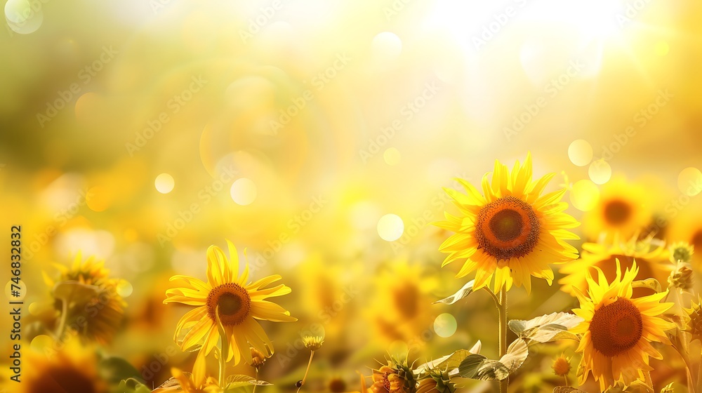 Sunflower on blurred sunny nature background. Horizontal agriculture summer banner with sunflowers field. Organic food production. Copy space for text Sunflower on blurred sunny nature background. Horizontal agriculture summer banner with sunflowers field. Organic food production. Copy space for text