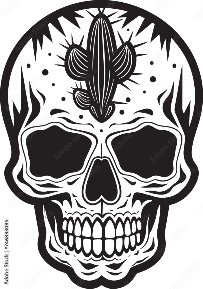 Fototapeta premium Skeletal Oasis Cactus and Skull Graphic Icon Desert Bone Garden Skull with Cactus Vector Logo