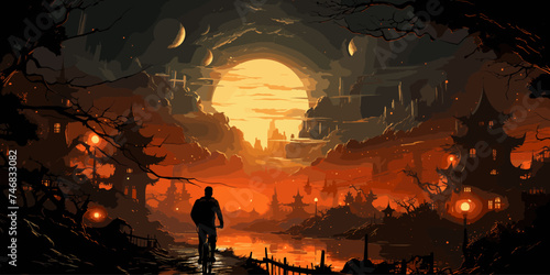 Man on bicycle in a land full of lanterns, digital art style, illustration painting