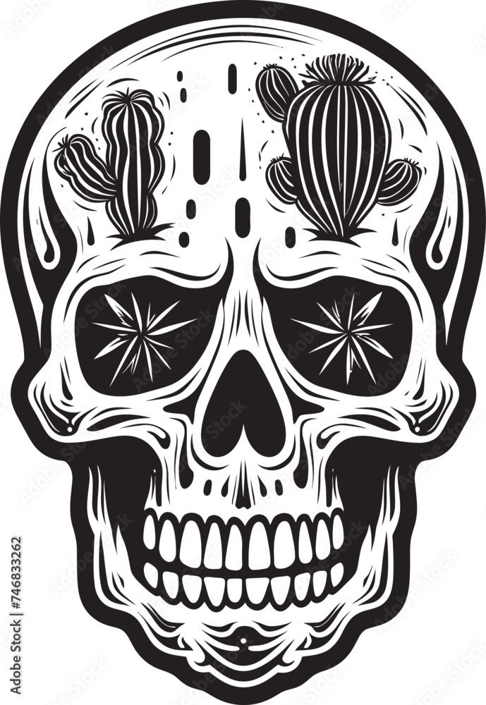 Fototapeta premium Desert Demise Skull with Cactus Icon Graphic Prickly Peril Vector Icon of Skull with Cactus