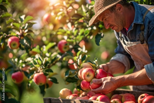 Fototapeta Naklejka Na Ścianę i Meble -  Farmer harvesting fresh organic red apples in the garden on a sunny day. Freshly picked fruits.