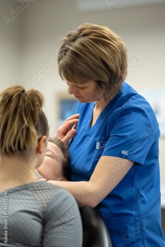 Female physical therapist gently adjusting patient s neck during treatment