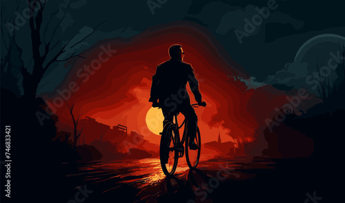 man riding bycicle dramatic cinematic shot action isolated illustration