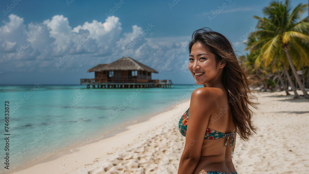 Bellissima ragazza asiatica in bikini sorride sulla spiaggia di un'isola tropicale in una giornata di sole durante una vacanza