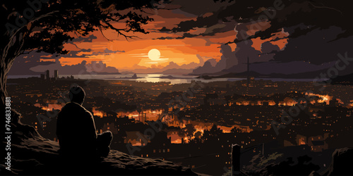 man watching over the city,illustration painting