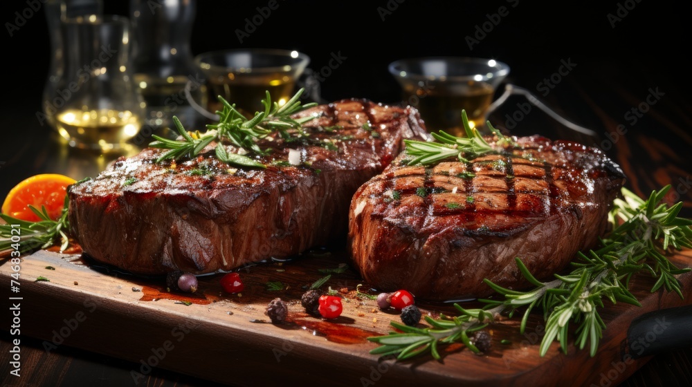 Steak on a cutting board with rosemary and spices.