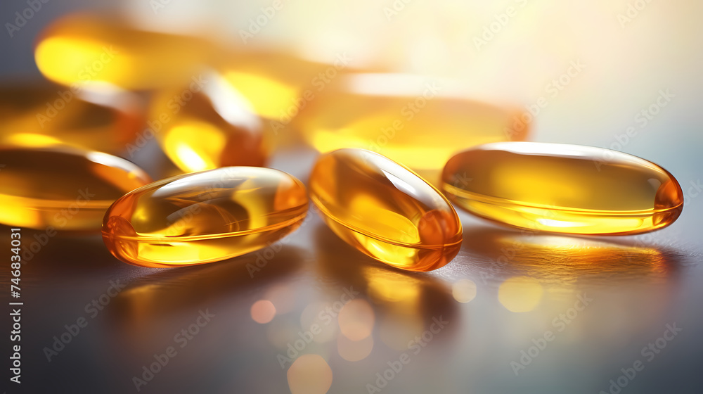 Vitamin E or yellow fish oil or Omega 3-6-9 capsules, ultra close-up macro view Vitamin E or yellow fish oil or Omega 3-6-9 capsules, ultra close-up macro view