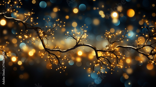 Christmas gold background with lights, stars, dots, Christmas gold bokeh light background.