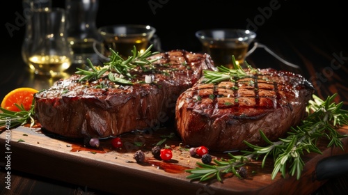Steak on a cutting board with rosemary and spices.