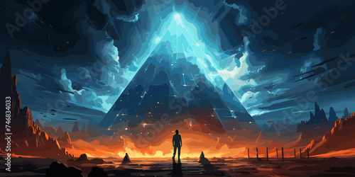 futuristic man standing and looking at the sky with a strange beam of light., digital art style, illustration painting
