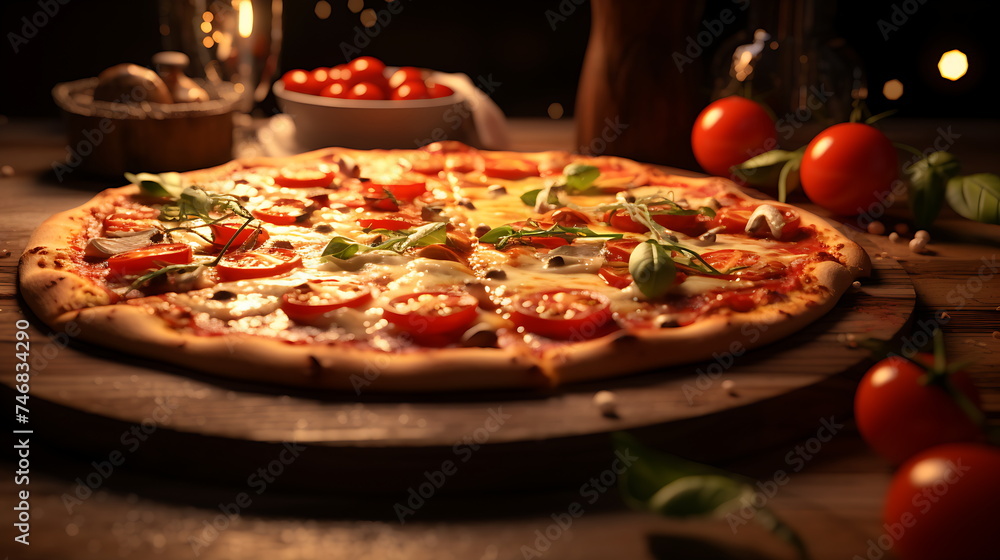 a pizza on wooden board, generative ai a pizza on wooden board, generative ai