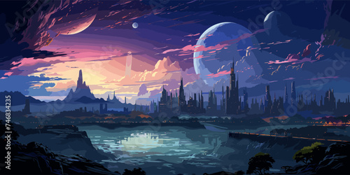 Futuristic sci-fi city, alone in a big city composition, neon lights and cyberpunk colors vector flat bright colors