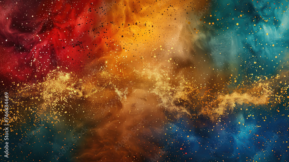 Abstract background, colorful powder mixed on dark background in red, yellow, blue, green, orange colors