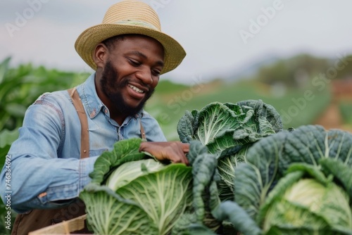 African American farmer gathering organic cabbage on farm with straw hat