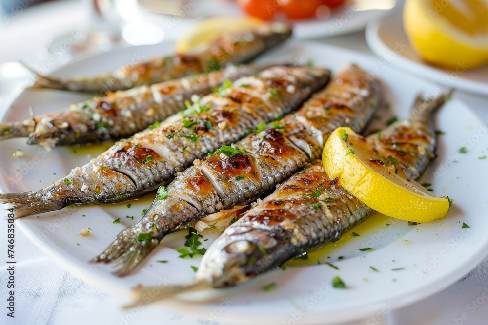 Andalusian fried sardines on plate with white tablecloth Andalusian fried sardines on plate with white tablecloth