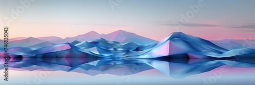Stylized digital landscape with pastel mountain range and serene sky