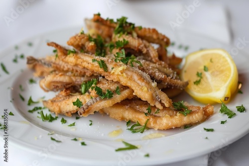 Anchovies cooked and served with lemon
