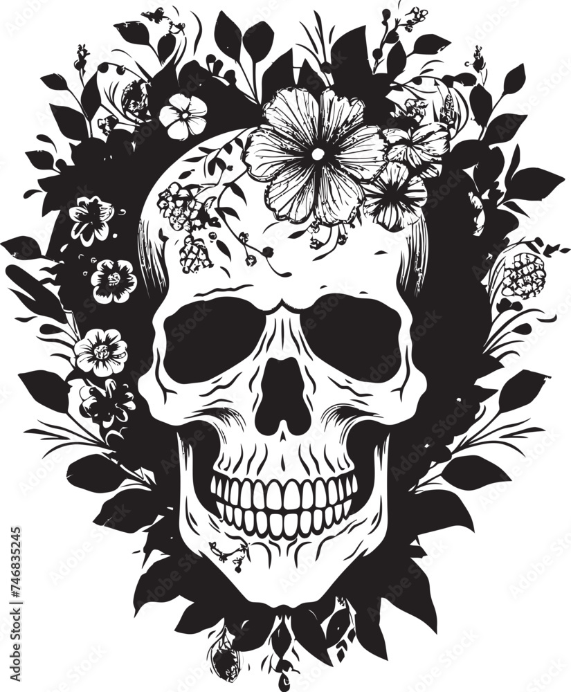 Fototapeta premium Floral Frenzy Flower Skull Graphic in Bold Line Art Rosy Remains Thick Line Art Flower Skull Icon