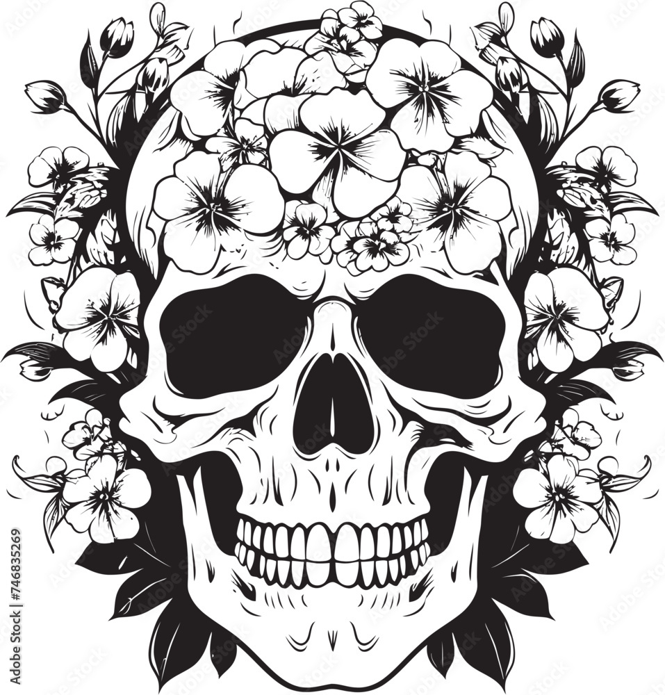 Fototapeta premium Blossom Bones Flower Skull Icon Graphic in Bold Lines Petal Perdition Thick Line Art Flower Skull Logo