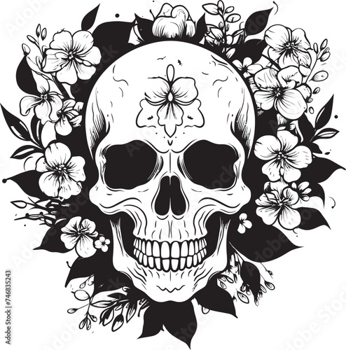 Rosy Remains Thick Line Art Flower Skull Icon Garden Ghoul Floral Skull Logo Design with Bold Lines