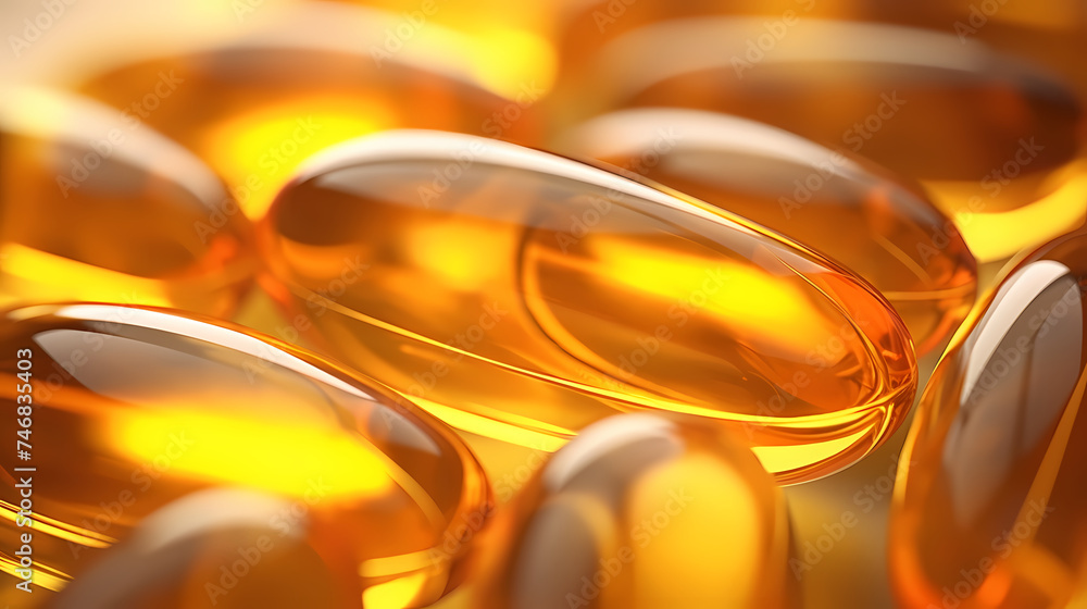 Vitamin E or yellow fish oil or Omega 3-6-9 capsules, ultra close-up macro view Vitamin E or yellow fish oil or Omega 3-6-9 capsules, ultra close-up macro view