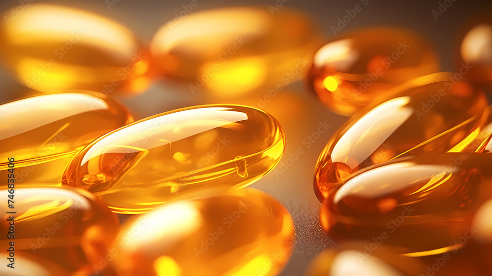 Vitamin E or yellow fish oil or Omega 3-6-9 capsules, ultra close-up macro view Vitamin E or yellow fish oil or Omega 3-6-9 capsules, ultra close-up macro view