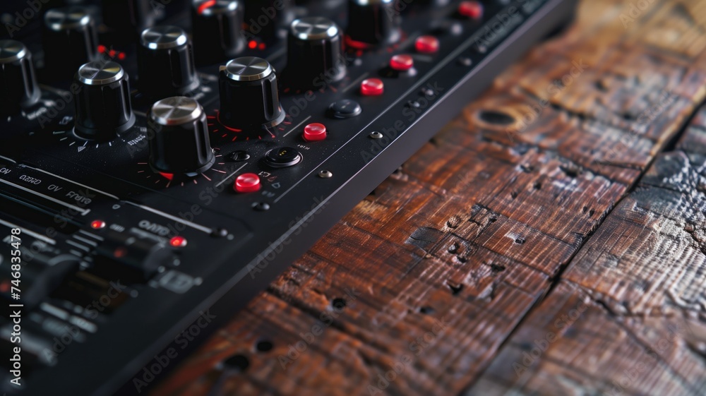 Close-up of a sound mixer's control panel with various knobs and sliders