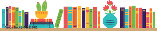 Bookshelf with books and flowers on a transparent background. Vector banner for library, bookstore.