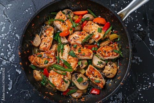 Asian style stir fried turkey fillet with paprika mushrooms chives and sesame seeds on a black stone kitchen table top view