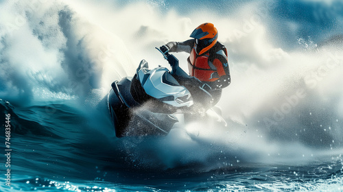 Competitive jetski rider. Smashing in waves while racing.