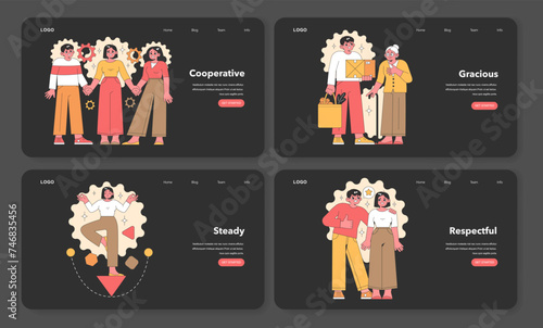 Stylish web design templates featuring vector characters embodying cooperation, graciousness, stability, and respect, ideal for positive brand messaging.
