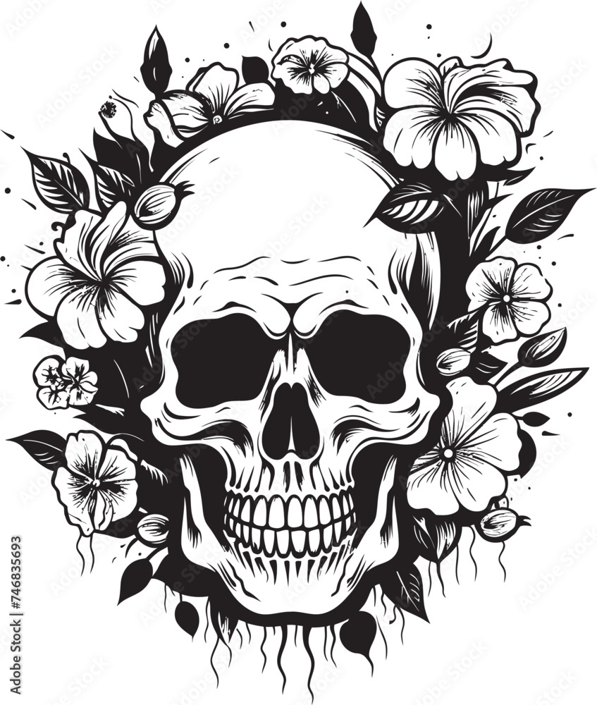 Petal Perdition Thick Line Art Flower Skull Logo Botanic Bones Floral Skull Vector Icon Design