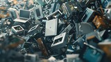 Waste full of electronics, recycling, E-waste heap from discarded laptop parts, electronics industry, eco, sorting and disposal of electronic waste concept, blurred image