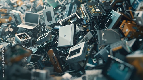 Waste full of electronics, recycling, E-waste heap from discarded laptop parts, electronics industry, eco, sorting and disposal of electronic waste concept, blurred image photo