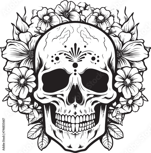 Rosy Remains Thick Line Art Flower Skull Icon Garden Ghoul Floral Skull Logo Design with Bold Lines
