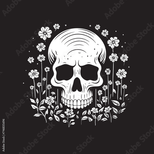 Rosy Remains Thick Line Art Flower Skull Icon Garden Ghoul Floral Skull Logo Design with Bold Lines
